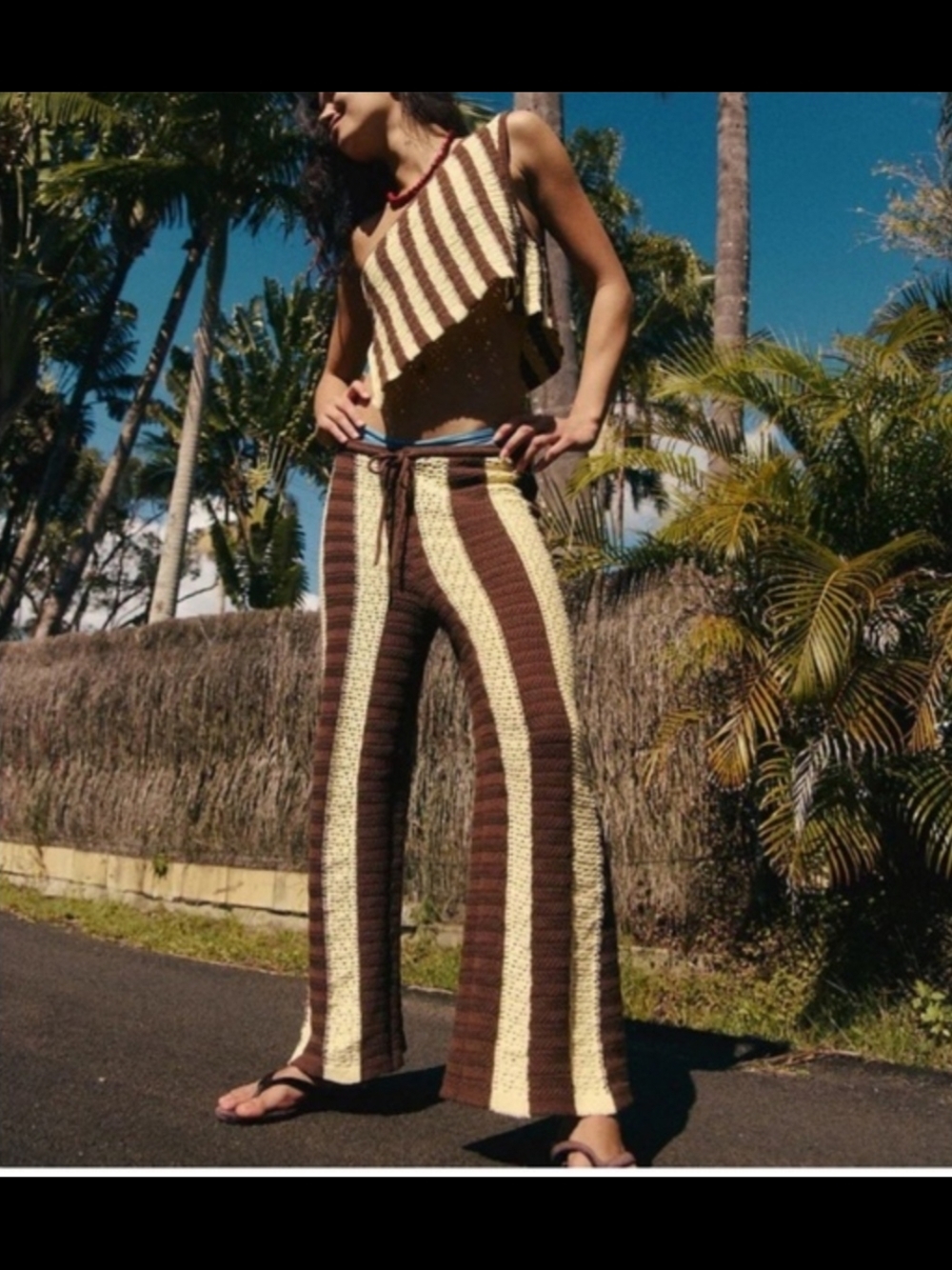 NWT Free People Est Striped Crochet Wide-Leg Pants in Brown & Cream